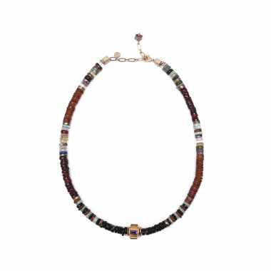ANILA Collier Spinelle, Grenat  et perle multi pierres facettées, plaqué or 24 cts
