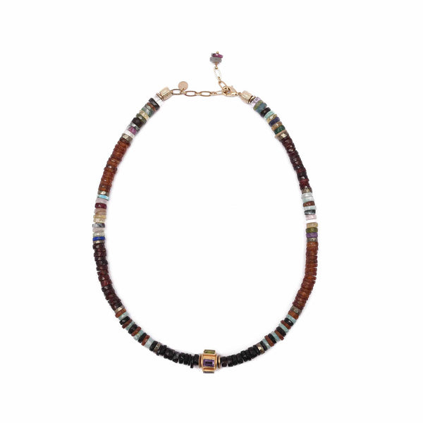 ANILA Collier Spinelle, Grenat  et perle multi pierres facettées, plaqué or 24 cts