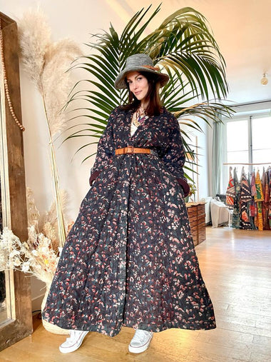 Manteau Tibétain coton - Bordeaux imprimé fleuri